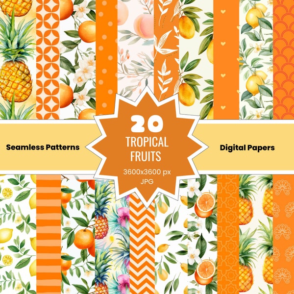 Digital Paper Summer Tropical Fruits | Seamless Digital Patterns | Scrapbook paper | Commercial use | Instant Download | JPG