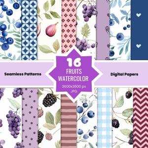 Digital Paper Fruits Acquerello / Seamless Digital Patterns / bacche, uva, fichi / Carta Scrapbook / Uso commerciale / Download istantaneo