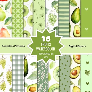 Digitales Papier Früchte Aquarell | Nahtlose digitale Muster | Gästebuchpapier | Kommerzielle Nutzung | Sofort Download | JPG | Kiwi Avocado Traube