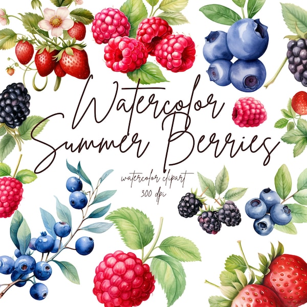 Watercolor Summer Berry Clipart, Strawberry Clipart, Blueberry Clipart, Raspberry Clipart | PNG, Commercial Use, Instant Download