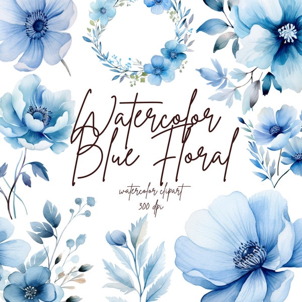 Watercolor Blue Floral Clipart, Dusty Blue Floral Clipart, Blue Peony Clipart, Floral Wreaths | PNG, Commercial Use, Instant Download