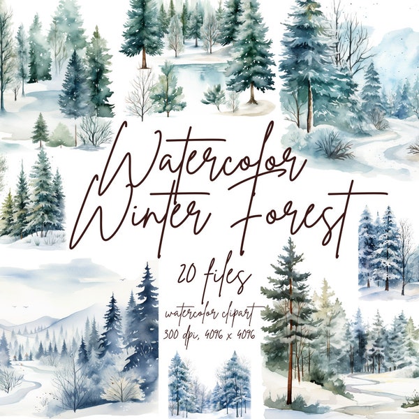 Watercolor Winter Forest Clipart Wood Clip Art Winter Forest Landscapes Snowy Misty Forest Landscape | PNG, Commercial Use, Instant Download