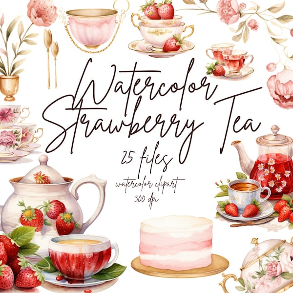 Watercolor Strawberry Tea Clipart, Pink and Gold Tea Cups, Rose Teacup Clipart, Tea Time Clipart | PNG, Commercial Use, Instant Download