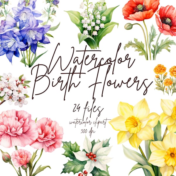 Birth Flower Clipart Birth Month Flowers Clipart Watercolor Birth Month Clipart Birth Flower SVG | PNG, Commercial Use, Instant Download