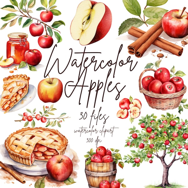 Watercolor Apple Clipart, Apple Desserts, Summer Clipart, Apple Pie Clipart, Apple Trees Clipart | PNG, Commercial Use, Instant Download