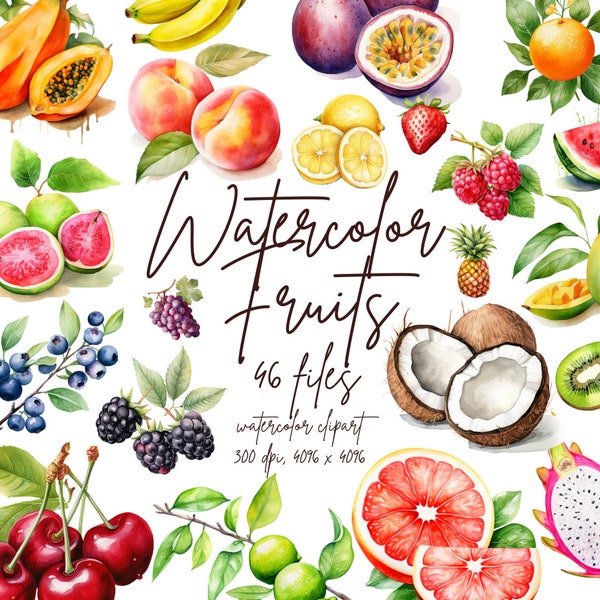 Watercolor Fruits Clipart Fruit Variety PNG Fruity Illustration Fruit PNG Elements Fruits Graphics | PNG Commercial Use Instant Download