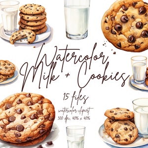 Watercolor Milk and Cookies Clipart Cookies and A Glass of Milk Clipart Chocolate Cookies Clipart | PNG, Commercial Use, Instant Download