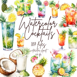 107 Watercolor Cocktail Clipart, Tropical Summer Drinks Clipart, Alcohol Drinks Clipart, Drink Clipart | PNG Commercial Use Instant Download
