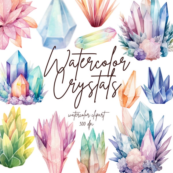 Watercolor Crystals Clipart, Fairy Crystal Clipart, Fantasy Clipart, Watercolor Gems, Gem Clipart | PNG, Commercial Use, Instant Download