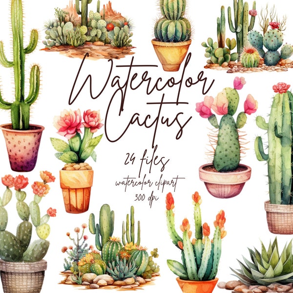 Watercolor Cactus Clipart, Succulent Floral Cactus Clipart, Summer Desert Clipart, Cactus Clipart | PNG, Commercial Use, Instant Download