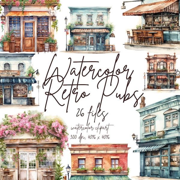 Watercolor Retro Pub Storefronts Clipart Vintage Teashop Storefront Street Shop Store Facade Graphics | PNG Commercial Use Instant Download