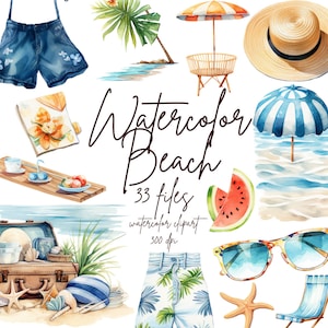 Watercolor Summer Beach Clipart Tropical Beach Clipart Beach Days Clipart Summer on the Beach Clipart | PNG Commercial Use Instant Download