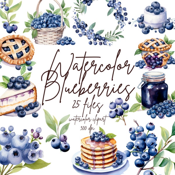 Watercolor Blueberries Clipart Blueberry Pie Clipart Berry Watercolor Fruit Clipart Berries Graphics | PNG, Commercial Use Instant Download