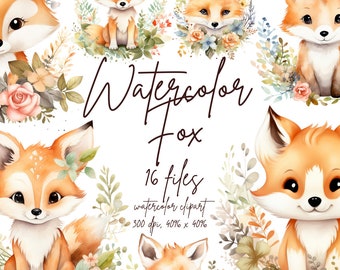 Watercolor Cute Fox Clipart Adorable Fox PNG Floral Fox Graphics Baby Fox PNG Baby Shower Decor | PNG Commercial Use Instant Download