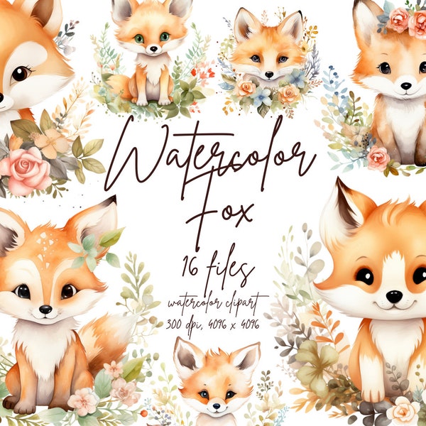 Watercolor Cute Fox Clipart Adorable Fox PNG Floral Fox Graphics Baby Fox PNG Baby Shower Decor | PNG Commercial Use Instant Download