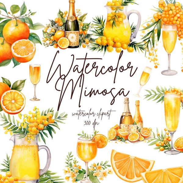 Watercolor Mimosa Clipart, Watercolor Orange Clipart, Orange Cocktail Clipart, Champagne Clipart | PNG, Commercial Use, Instant Download