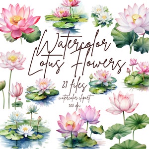 Clipart de flor de lótus em aquarela, clipart de lagoa de lírio, clipart floral, clipart de lago de lótus, clipart de lótus | Uso comercial PNG, download instantâneo