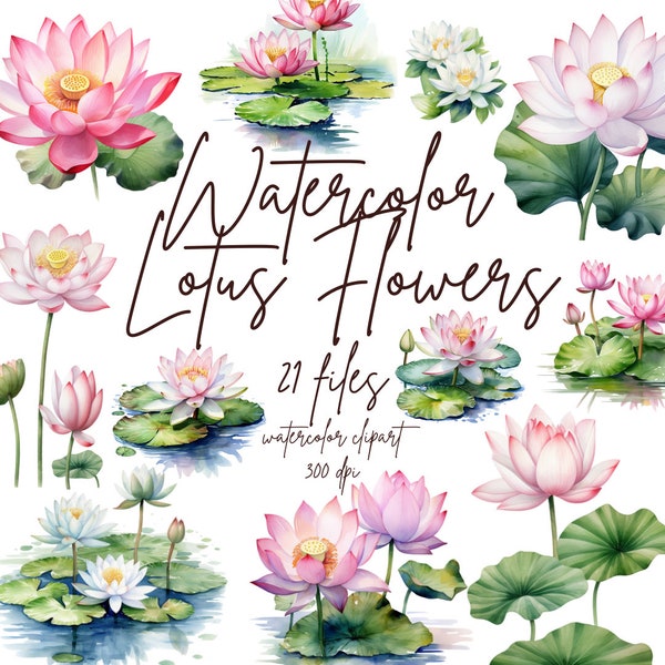 Watercolor Lotus Flower Clipart, Lily Pond Clipart, Floral Clipart, Lake Lotus Clipart, Lotus Clipart | PNG Commercial Use, Instant Download