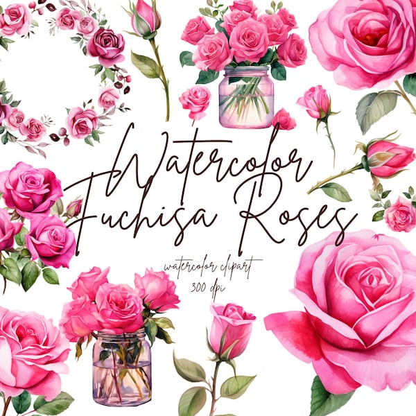Watercolor Fuchisa Roses Clipart, Hot Pink Roses and Leaves Clipart, Watercolor Roses Clipart | PNG, Commercial Use, Instant Download