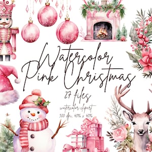 Aquarelle Rose Noël Clipart Cozy Noël Clip Art Rose Noël Clipart Hiver Rose Collection | PNG Utilisation commerciale Téléchargement instantané