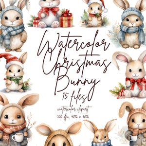 Aquarelle Noël Bunny Clipart Noël Lapin Clipart Cozy Winter Bunny Clipart Bunny Santa Hat | PNG Utilisation commerciale Téléchargement instantané