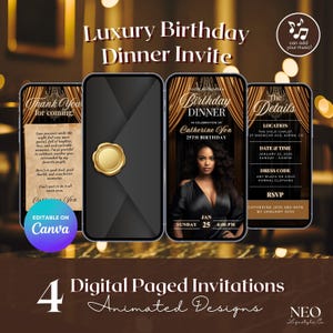 Könnte beinhalten: Vier digitale Geburtstagseinladungen mit animierten Designs. Die Einladungen haben ein Schwarz-Gold-Farbschema mit eleganten Schriftarten. Der Text enthält Details wie Datum, Uhrzeit, Ort und RSVP-Informationen. Die Einladungen sind auf Canva bearbeitbar.