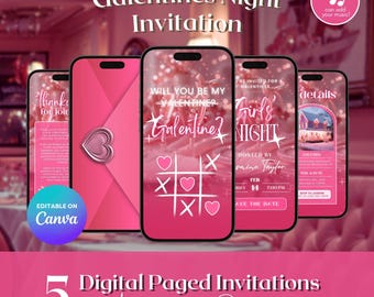 Galentine Girls Night Invite, Pink Galentines Invitation Template for Valentines Party (Animated Canva Video Template with Heart Envelope)