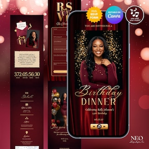 May include: A digital birthday dinner invitation template displayed on a smartphone screen, featuring a deep red curtain background, gold text, and a photo of a person in a maroon long-sleeve top. The design includes RSVP form fields and music.