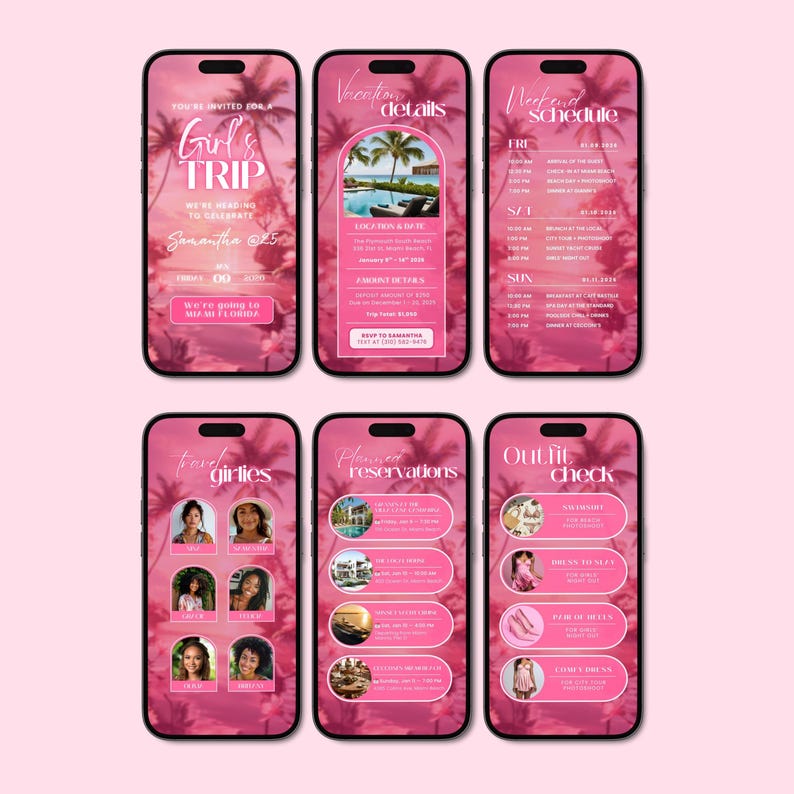 Girl's Trip Itinerary, Birthday Weekend Digital Invitation, Pink Beach ...