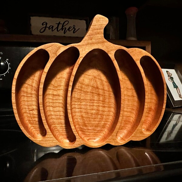 Handcrafted Solid Cherry Pumpkin Tray. Pumpkin Serving Tray