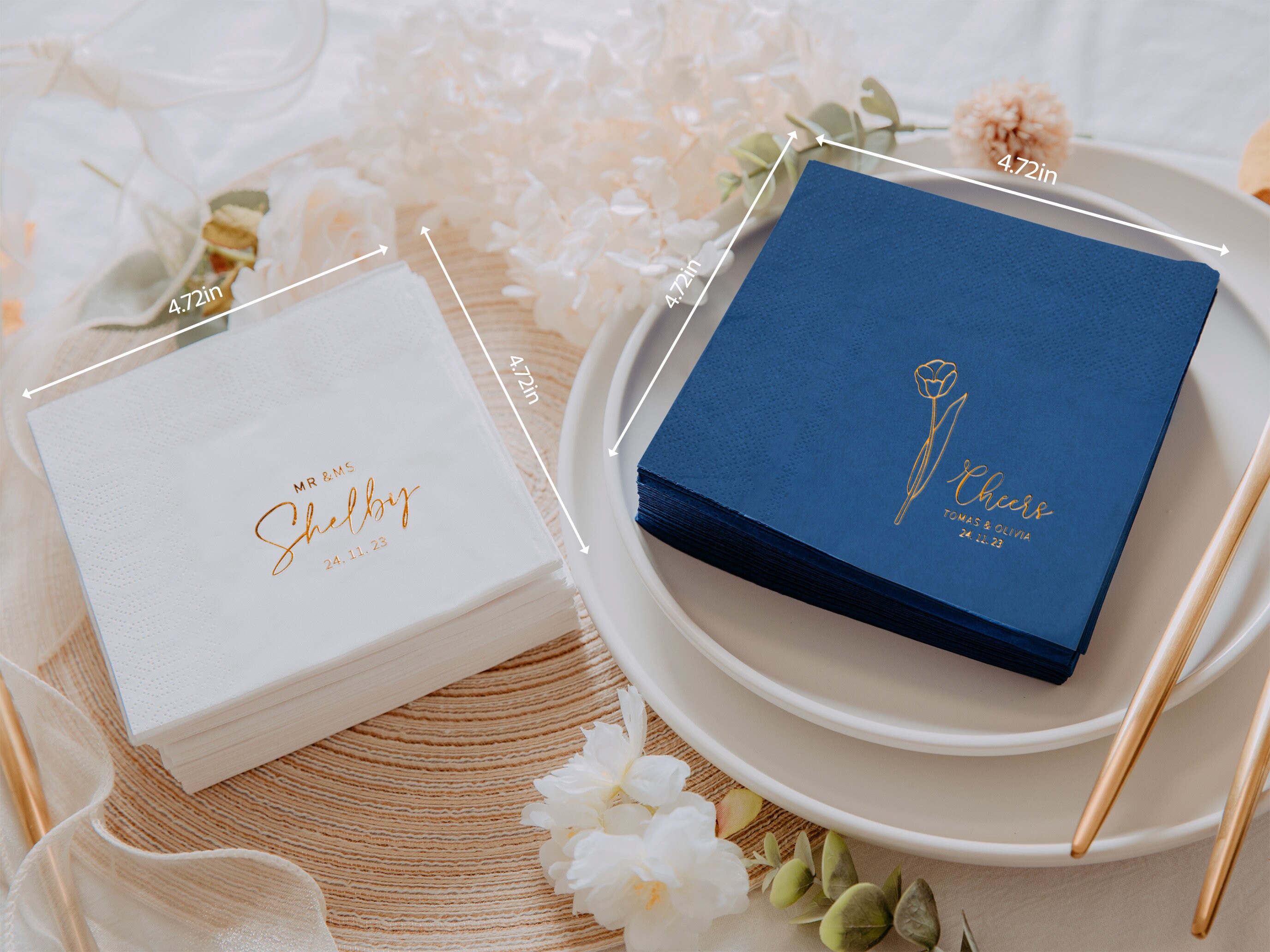 Personalised Cocktail Napkins, Customized Gold and Silver Foil Wedding