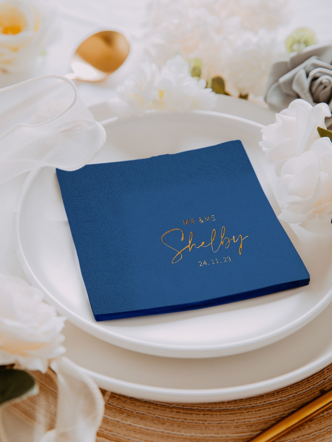 Personalised Cocktail Napkins, Customized Gold and Silver Foil Wedding