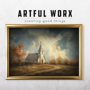 Autumn Country Church Watercolor Digital Wall Art | Fall Decor | Autumn Seasonal Art | Fall Aesthetic | Church Painting | Autumn Colors #229
