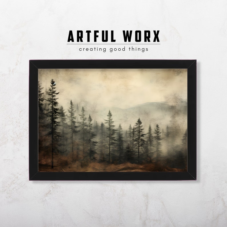 Vintage Pine Forest Oil Painting Print | Pine Tree Art | Mountains ...
