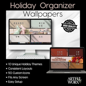 May include: A computer monitor and laptop displaying holiday-themed wallpapers. The monitor shows an Easter theme with bunnies and the text "Happy Easter!". The laptop displays a Thanksgiving theme. Text includes "10 Unique Holiday Themes" and "High Quality".