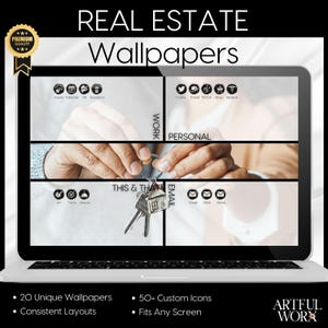 Pode incluir: Uma tela de computador portátil que exibe um conjunto de 20 papéis de parede imobiliários exclusivos com mais de 50 ícones personalizados. A tela mostra um close-up de uma mão segurando uma chave de casa. O texto na tela diz "REAL ESTATE Wallpapers", "WORK", "PERSONAL", "THIS & THAT", "EMAIL", "Assets Calendar", "HR", "Insurance", "Twitter", "Travel", "Task", "Shop", "Medical", "Art", "Todo", "Menu", "Gmail", "Work", "Yahoo".