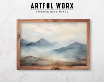 Muted Mountain Landscape Painting | Digital Nature Landscape | Moody Mountains Painting, Rustic Muted Art Print | Farmhouse Wall Art | #102
