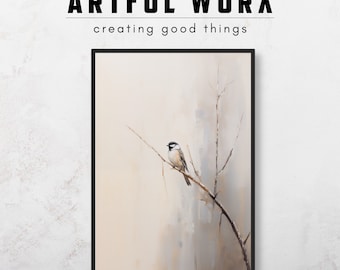 Minimalist Bird on Branch Vintage Oil Painting DIGITAL Download | Bird Wall Art Print | Nature Aesthetic | Woodland Rustic Nursery #217