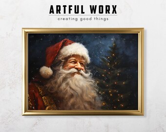 Vintage Jolly Santa Oil Painting Print | Moody Glow Christmas Art | Digital Print | Santa Claus Wall Art | Vintage Christmas Decor #115