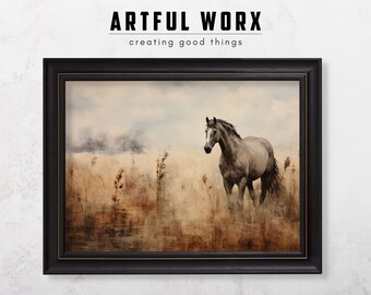 Vintage Horse Painting | Equestrian Print | Digital Download | Moody Horse in a Field | Farmhouse Decor | Rustic Fine Art | Dark Horse | #94