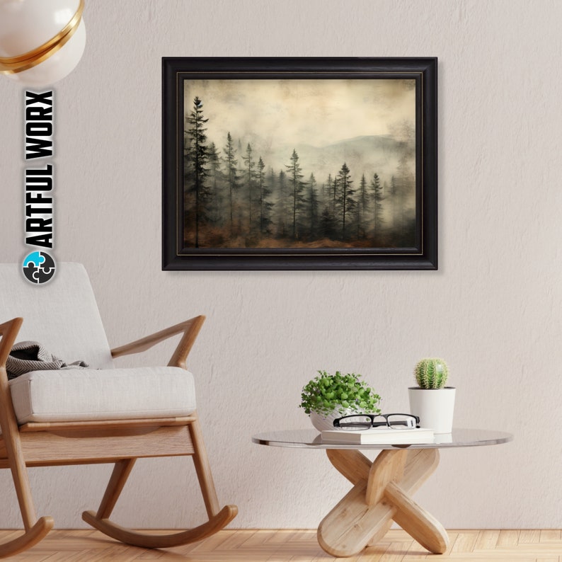 Vintage Pine Forest Oil Painting Print | Pine Tree Art | Mountains ...