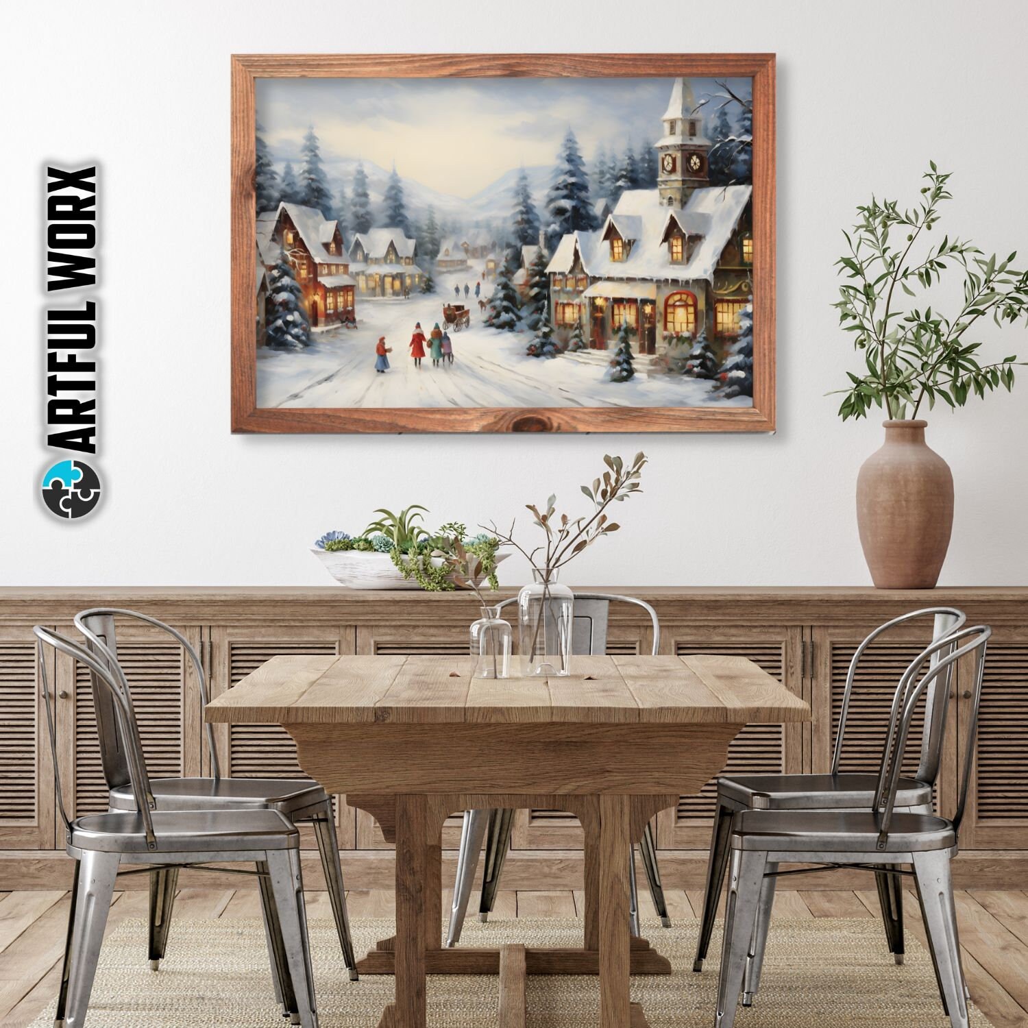 Enchanted Winter Village Print Christmas Painting Festive Holiday Decor ...