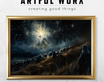 May include: A framed painting depicting a night sky with a bright star shining down on a group of sheep being led by a shepherd. The scene is set against a backdrop of rolling hills and a distant river.