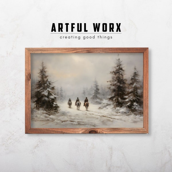 Pintura de sendero invernal de vaqueros / Paisaje invernal apagado / Arte navideño vintage / Impresión digital navideña rústica vintage n.° 135