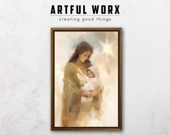 Neutral PRINTABLE Painting of Virgin Mary & Baby Jesus | Religious Modern Boho Jesus Digital Print | Christmas Holiday Digital Download #188