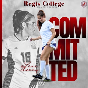 May include: A young woman wearing a white football shirt with the number 16 and the text "Regi College Women's Soccer" is standing on a football pitch. The text "COMMITTED" is in large red letters behind her.