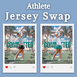 May include: Two photos of a female golfer wearing a white shirt and a green skirt. The golfer is holding a golf club and is in the middle of a swing. The photos are side-by-side and show the golfer wearing different jerseys. The text "COMMITTED" is written in large letters across the photos. The text "Jaden Hingisa" is written in smaller letters below the word "COMMITTED". The text "PALM BEACH STATE COLLEGE" is written below the photos.