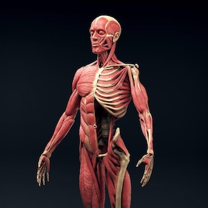 Op de afbeelding: Een gedetailleerd anatomisch model van het menselijk spierstelsel, dat de skeletstructuur en de spieren in een staande houding laat zien.