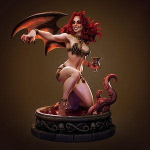 May include: A red-haired, winged figure with a mischievous smile, wearing a gold and brown bikini, stands in a pool of blood. She holds a goblet in one hand and a tentacled creature emerges from the pool behind her.