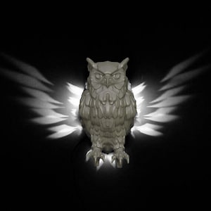 May include: A gray owl sculpture with wings outstretched, casting a shadow on a black background. The owl has a detailed design with feathers and sharp talons.